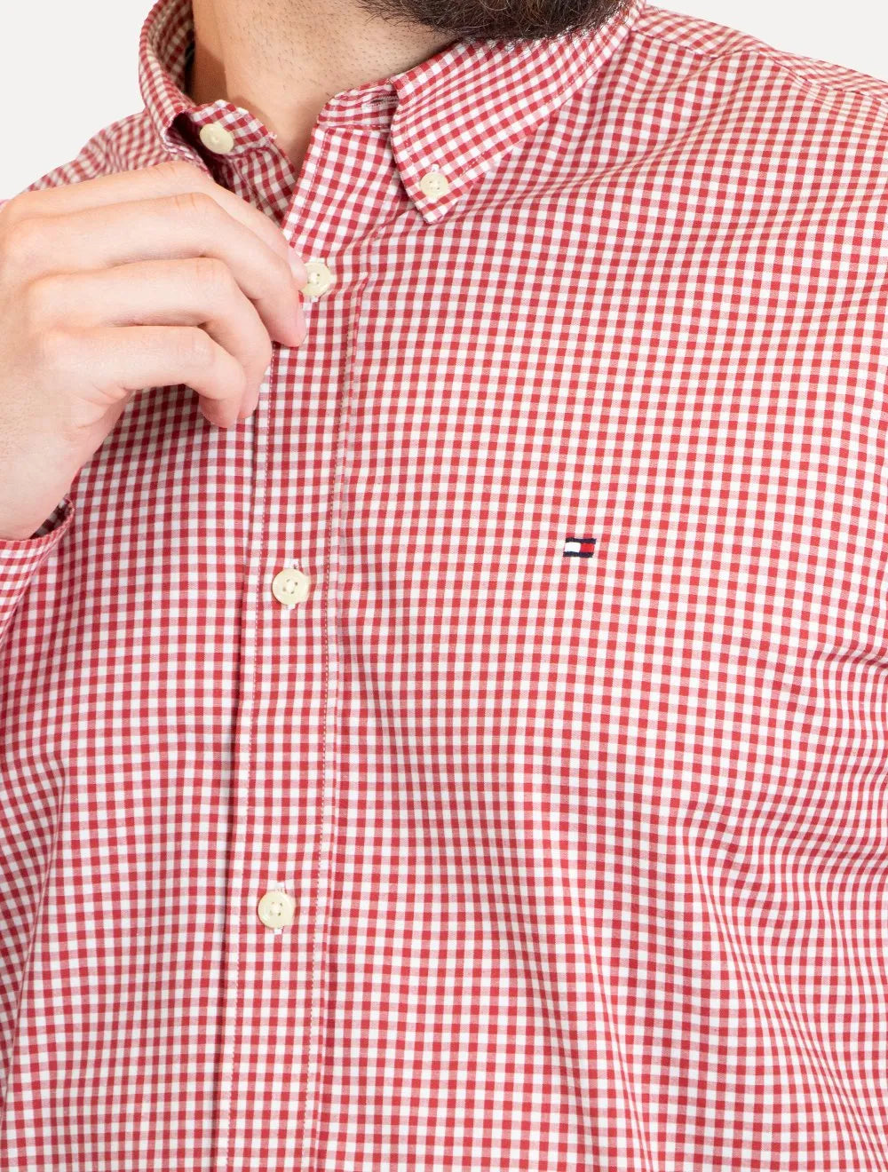Camisa Tommy Hilfiger Masculina Xadrez Gingham Branca/Vermelha