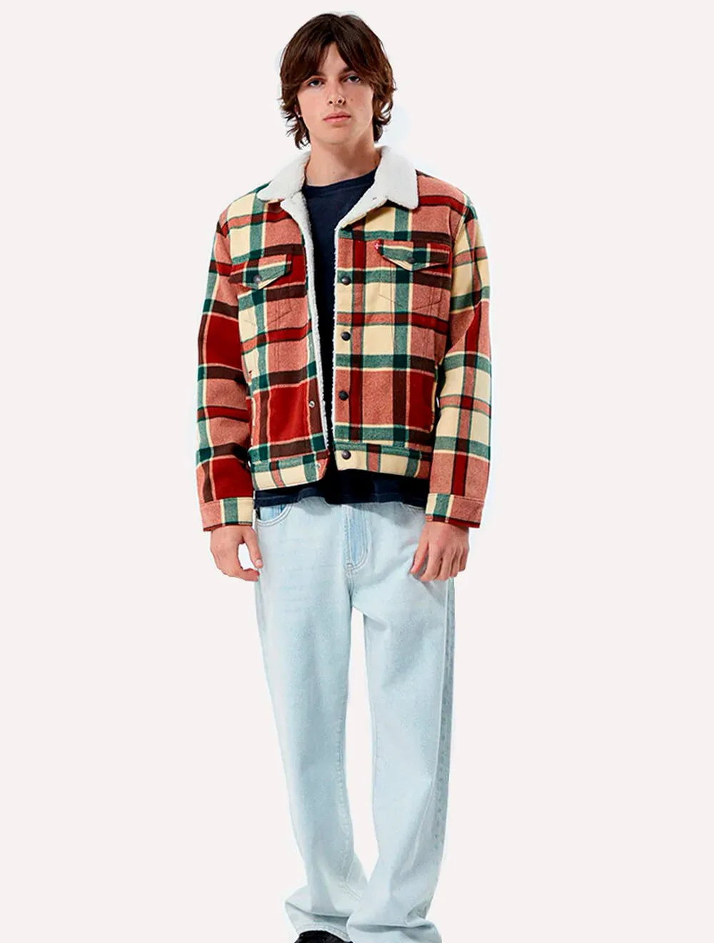 Jaqueta Levis Jeans Masculina Trucker Xadrez Tipo III Sherpa Cáqui Marrom