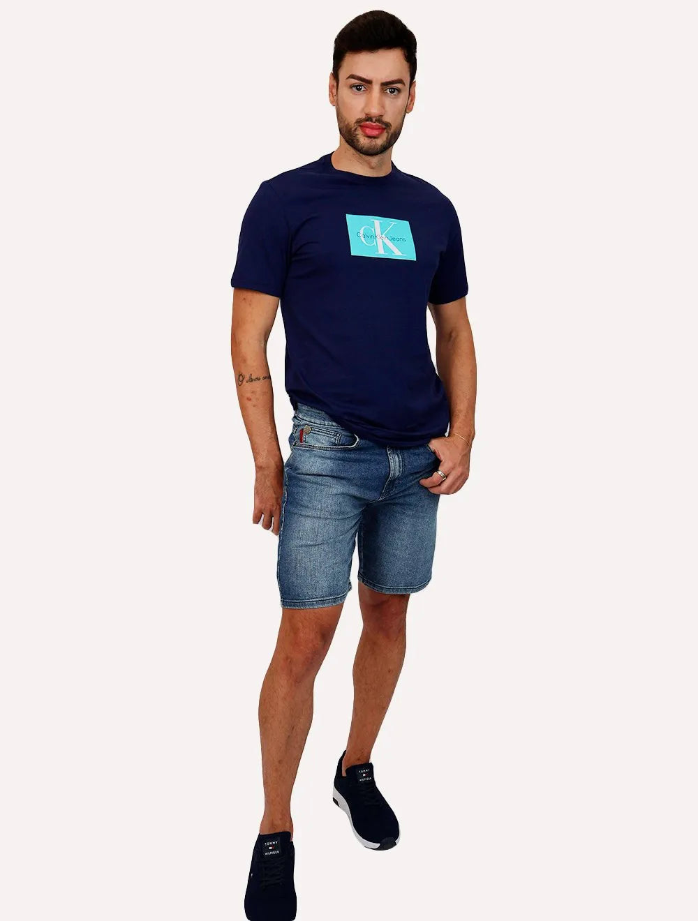 Bermuda Ellus Jeans Masculina Dark Indigo Elastic Long Médio