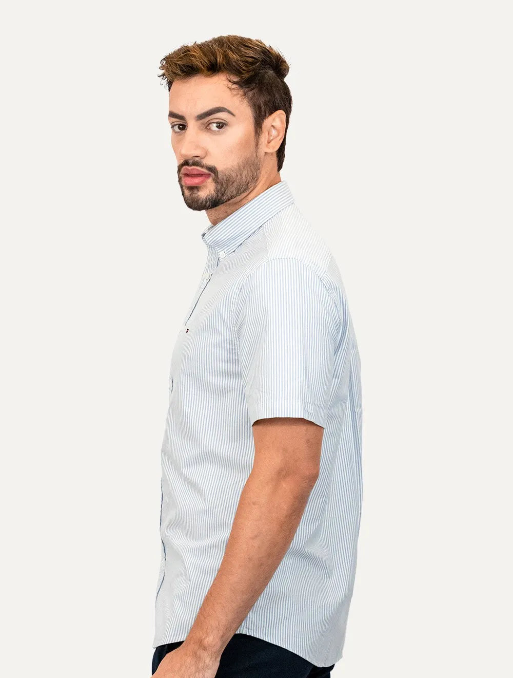 Camisa Tommy Hilfiger Masculina Manga Curta Regular Oxford Stripes Azul Mescla