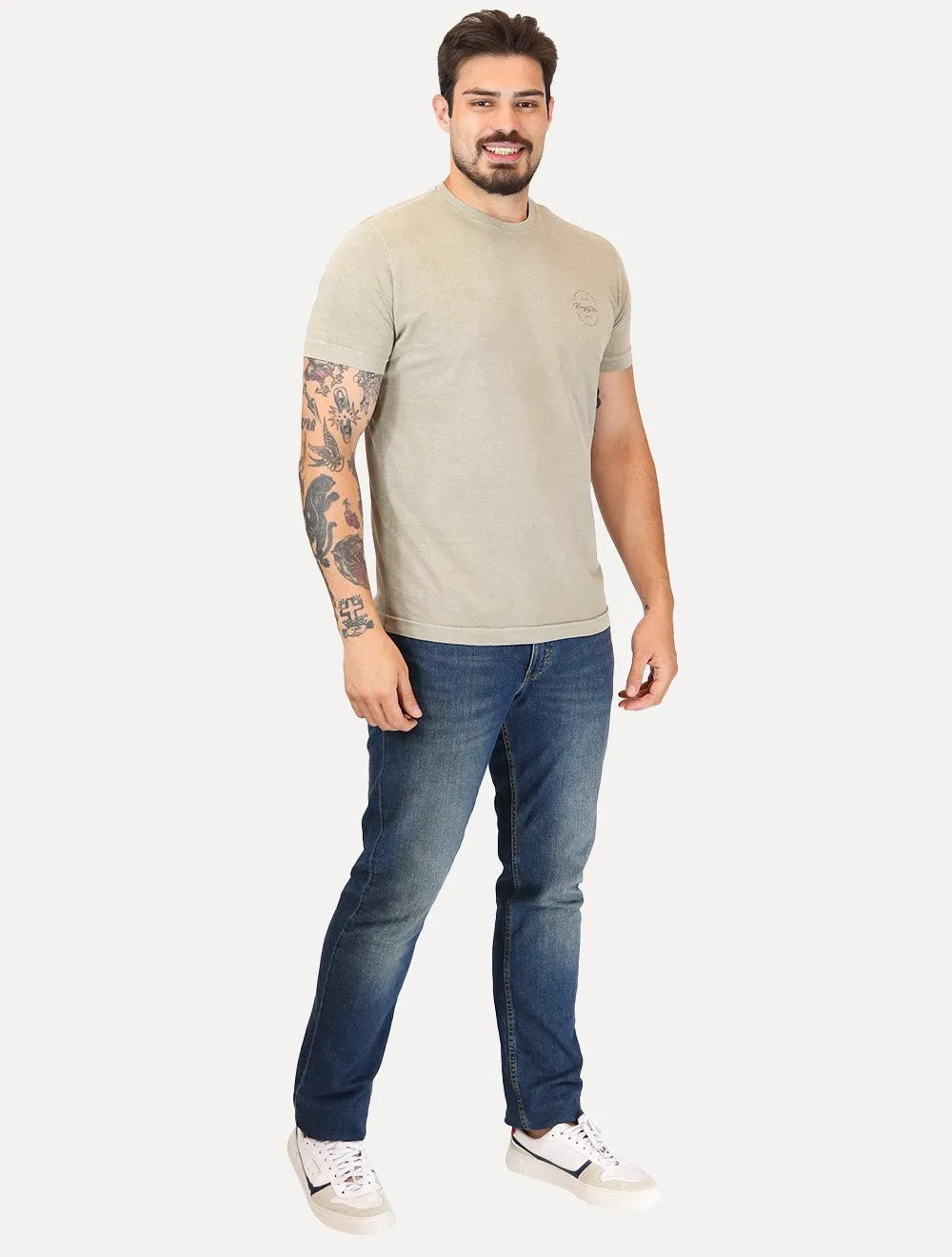 Camiseta King & Joe Masculina Signature Circle Estonada Peito Areia
