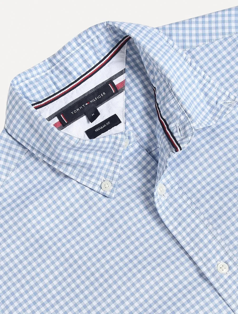 Camisa Tommy Hilfiger Masculina Manga Curta Xadrez Gingham Branca/Azul Claro