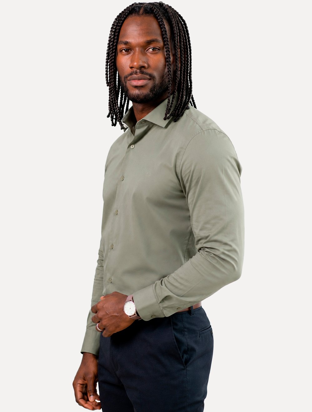Camisa Aramis Masculina Slim Tricoline Liso Stretch Cáqui Escuro