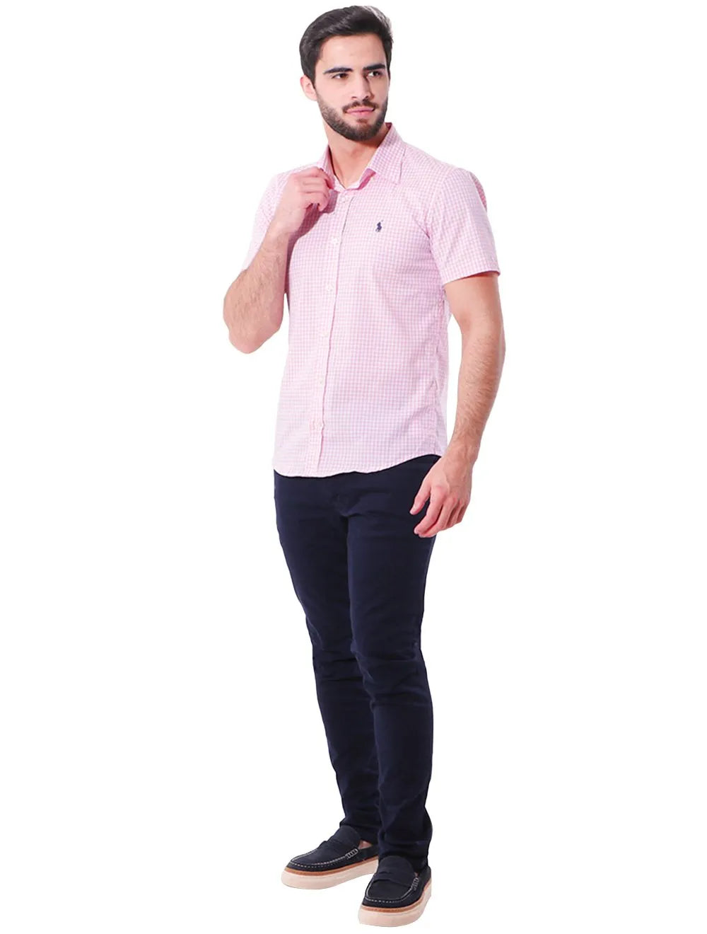 Camisa Ralph Lauren Masculina Manga Curta Slim Fit Stretch Poplin Rosa