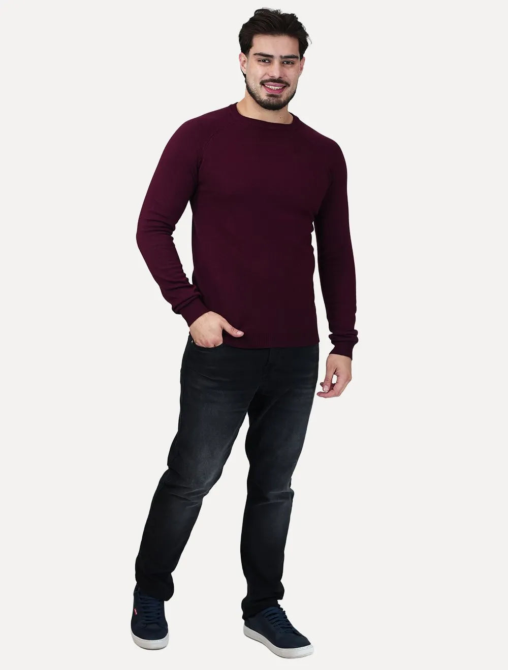 Suéter Dixen Masculina Tricot Manga Longa Raglan Gola Careca Bordô