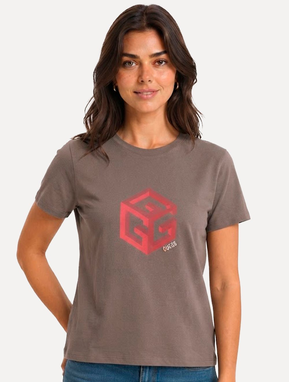 Camiseta Guess Feminina Cube 3D Logo Marrom