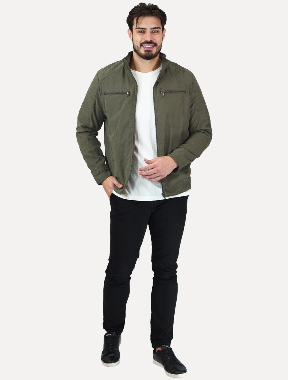 Jaqueta Dixen Masculina Sarja Forrada Zíper Frontal Pesponto nas Mangas Verde Militar