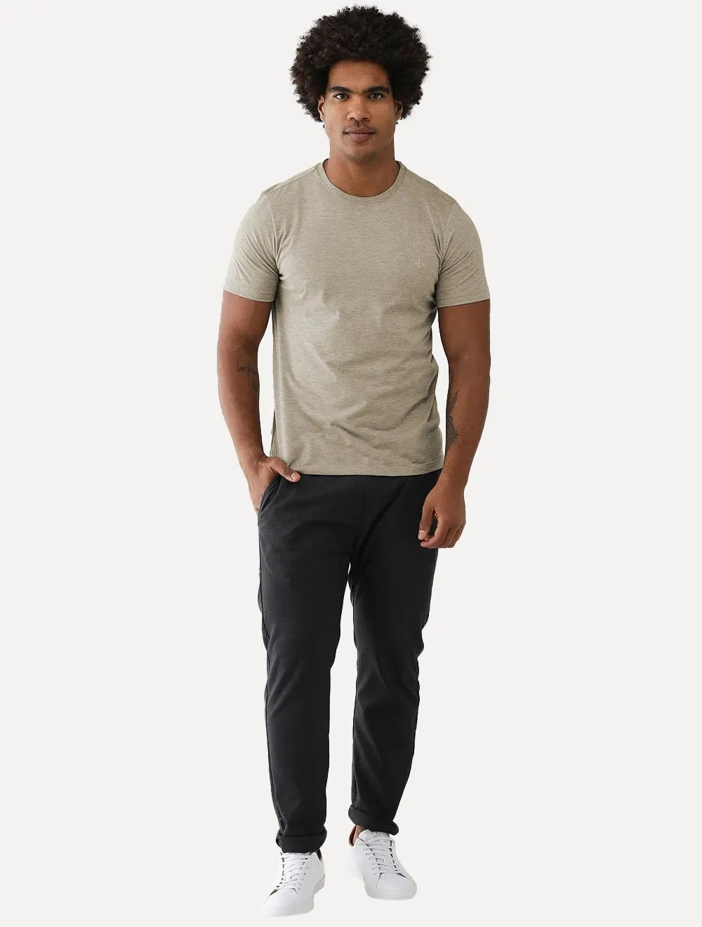 Camiseta Dudalina Masculina Crewneck Listrada Cáqui Médio