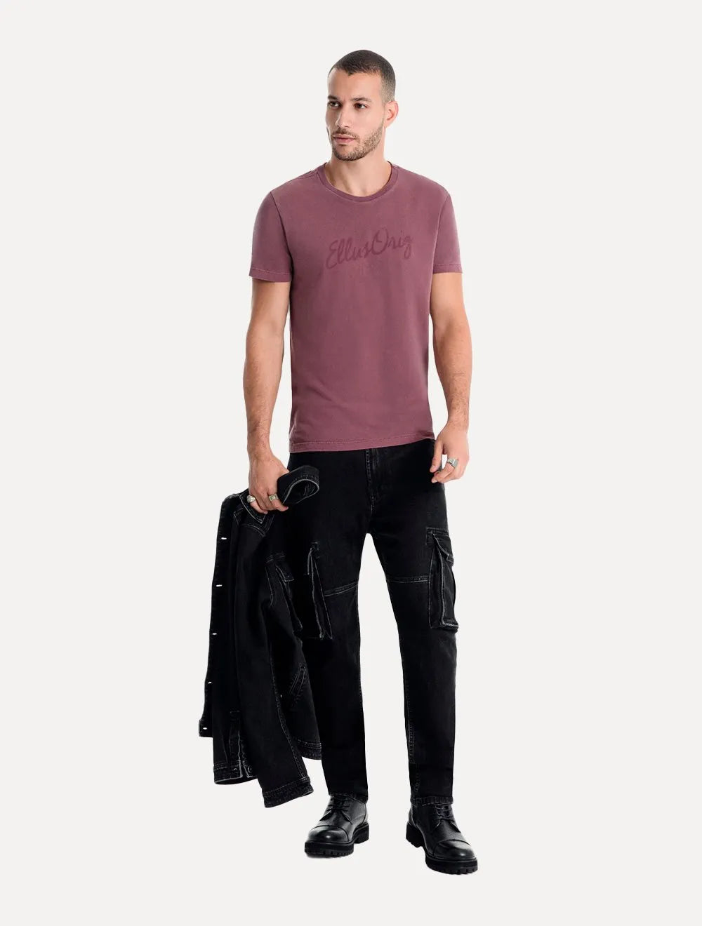 Camiseta Ellus Masculina Cotton Washed Origin. Script Bordô