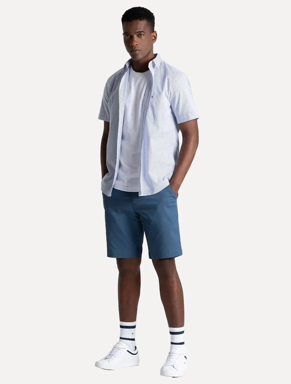 Camisa Tommy Hilfiger Masculina Manga Curta Regular Listrada Oxford Azul Médio