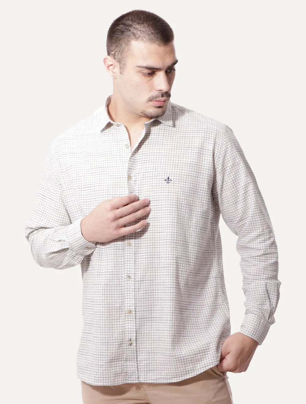 Camisa Dudalina Masculina Slim Slub Cotton Xadrez Off-White