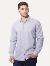Camisa Dudalina Masculina Comfort Listrada Azul Médio