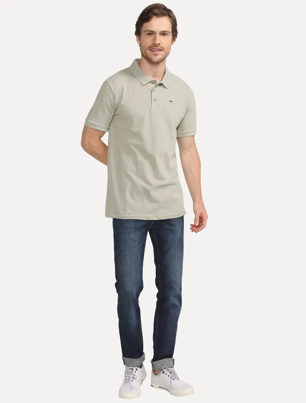 Polo Tommy Jeans Masculina Piquet Solid Stretch Faded Willow Verde Sage