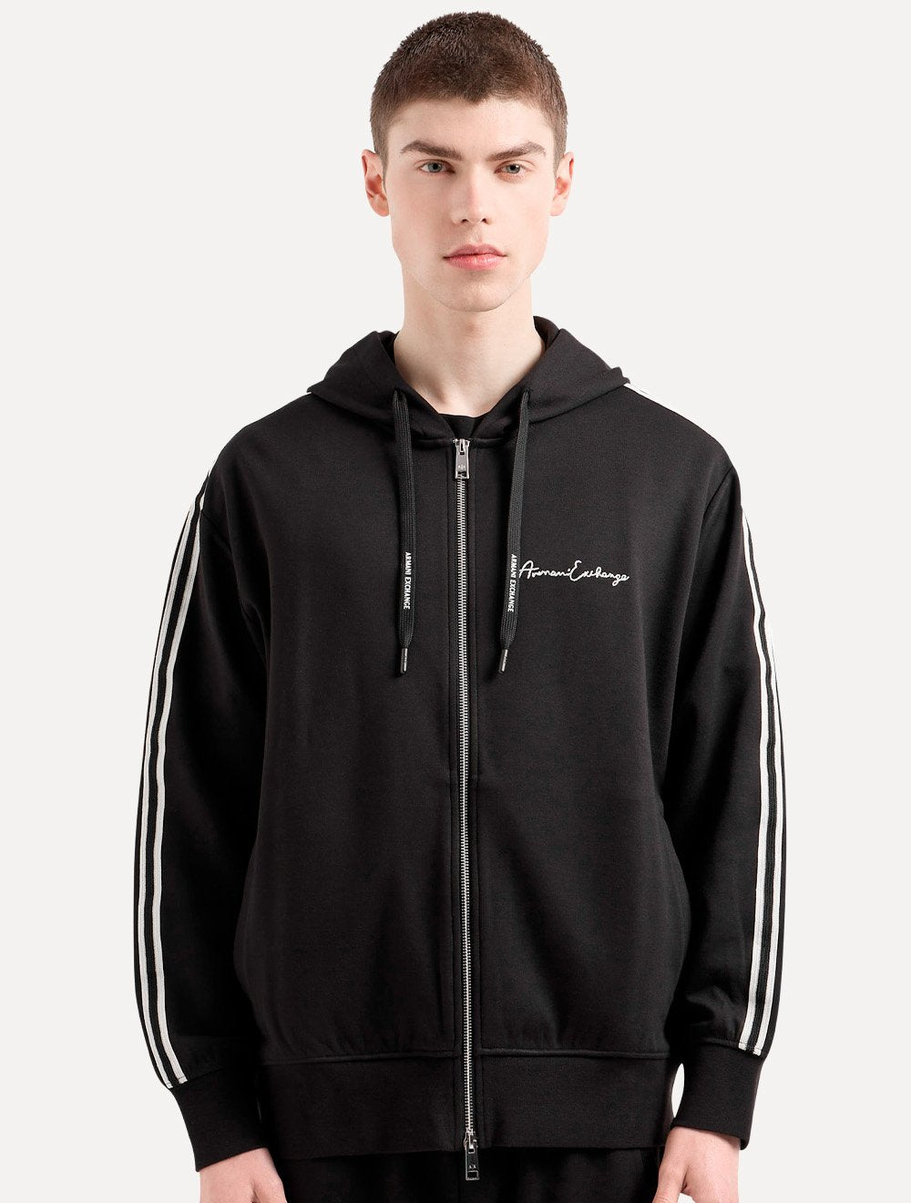 Jaqueta Armani Exchange Masculina Moletom Hoodie FullZip Signature Preto