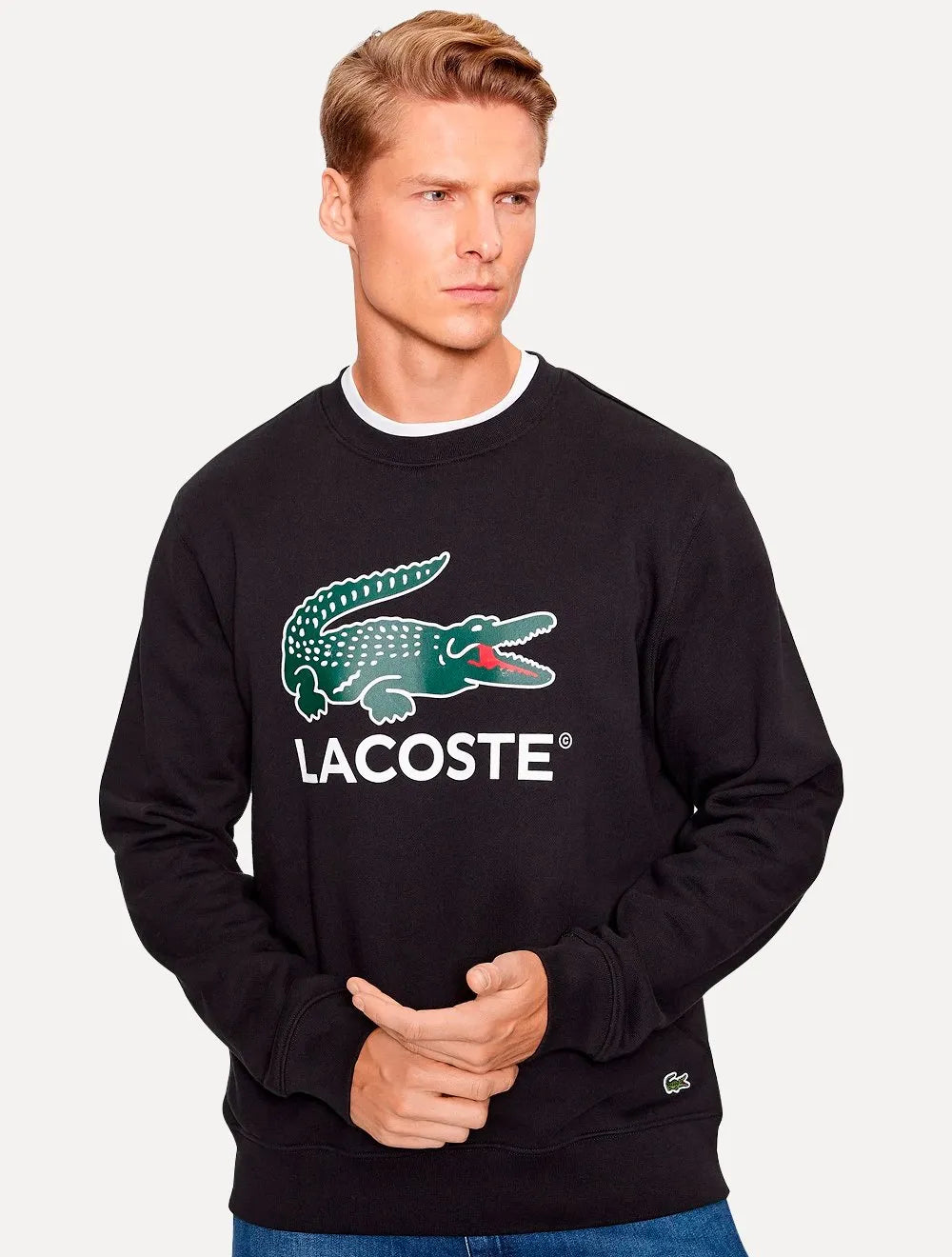 Moletom Lacoste Masculino Crewneck Classic Fit Cotton Fleece Logo Preto