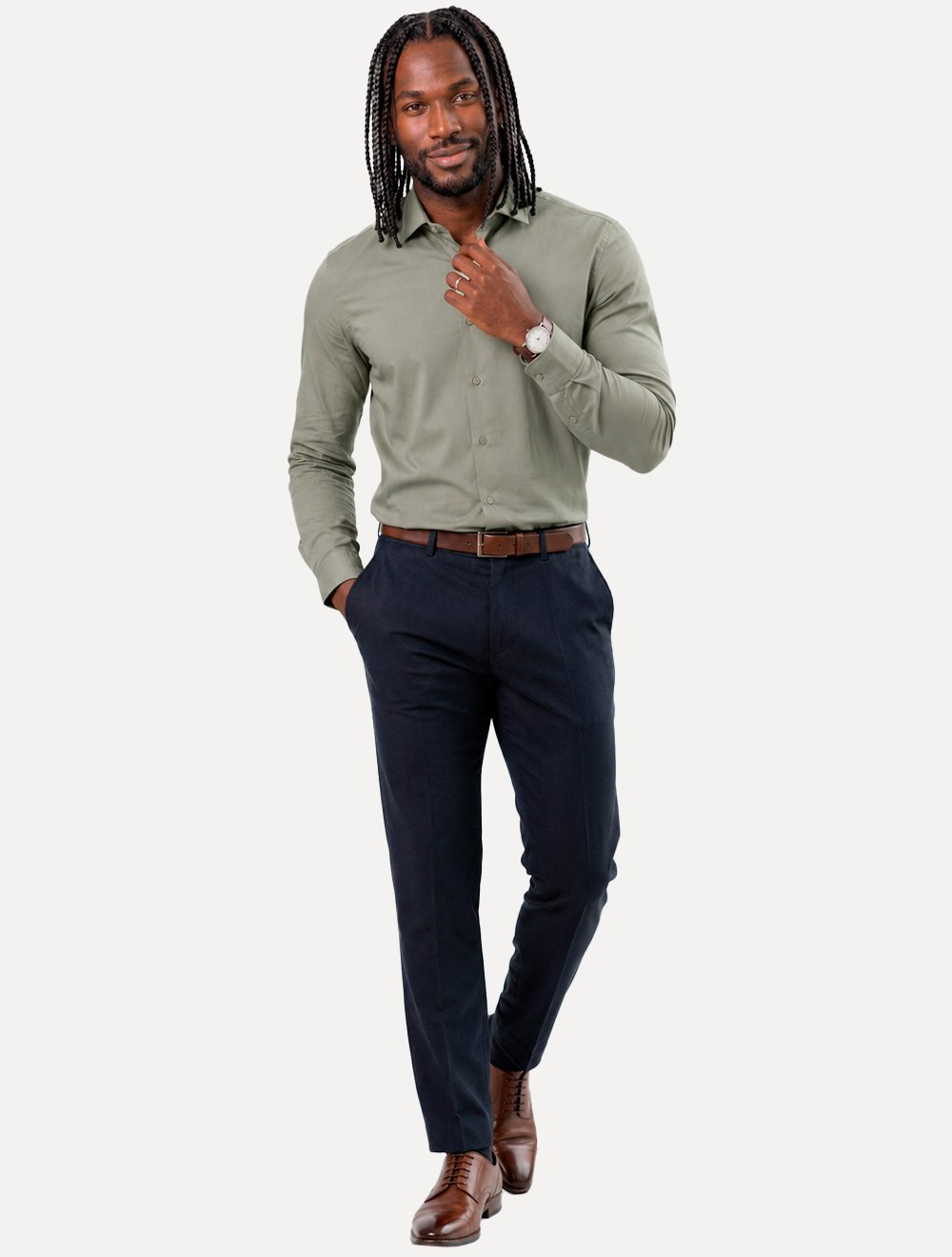 Camisa Aramis Masculina Slim Tricoline Liso Stretch Cáqui Escuro
