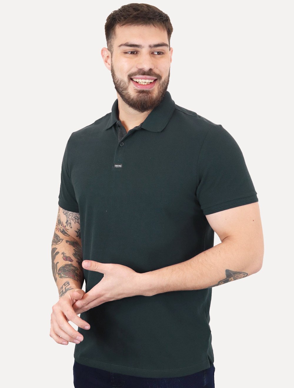 Polo Calvin Klein Masculina Piquet Slim Center Rubber Premium Azul Petróleo