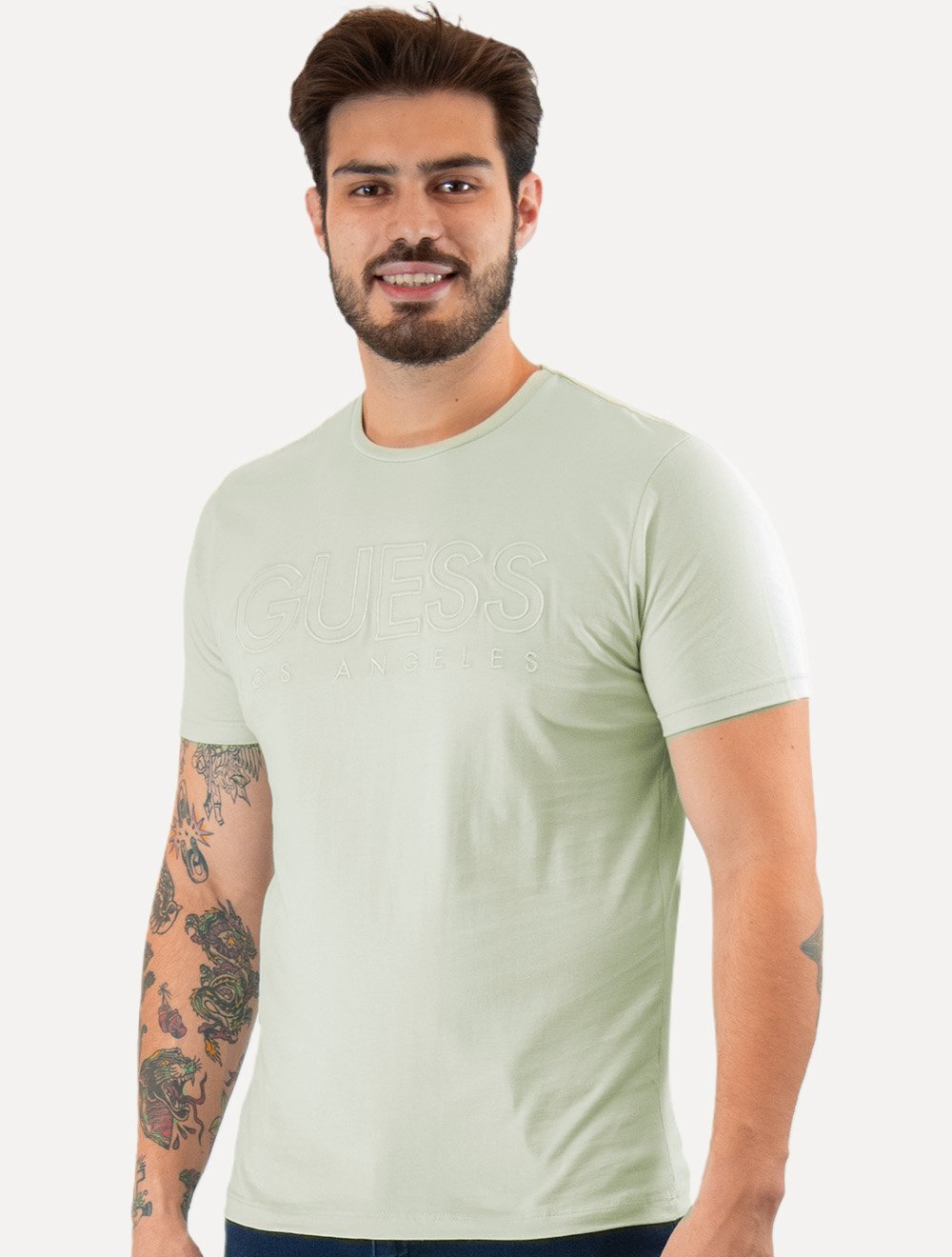 Camiseta Guess Masculina Big Logo Los Angeles Bordado Verde Claro