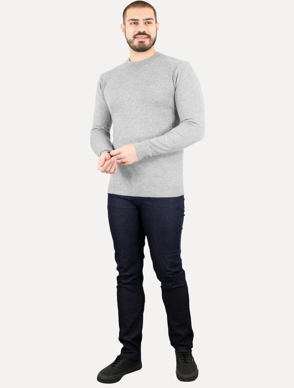 Suéter Masculino Crewneck Tricot Liso Cinza Mescla