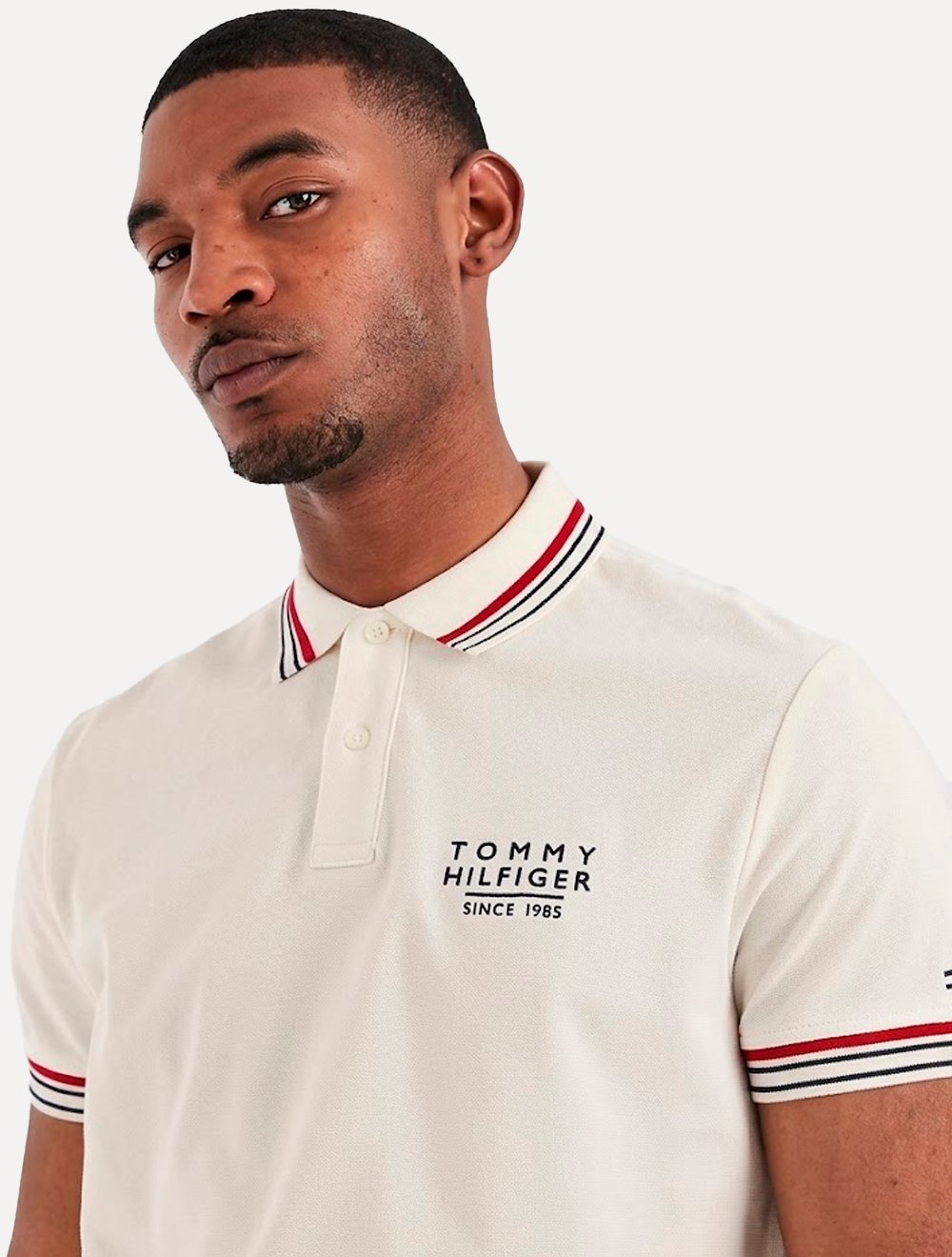 Polo Tommy Hilfiger Masculina Regular Stripe Collar Cuff Detail Off White