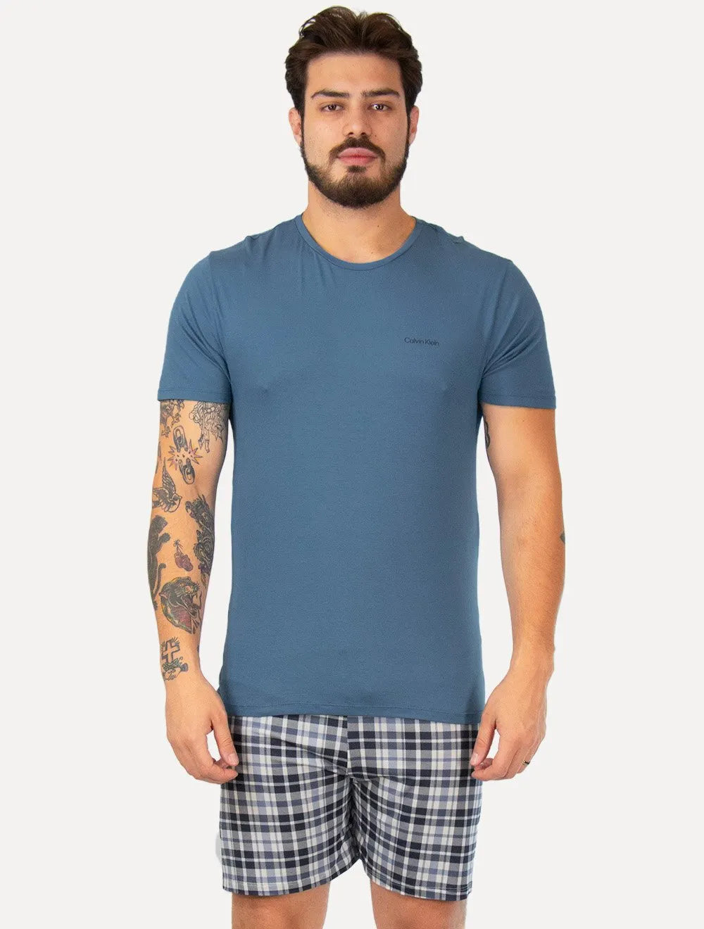 Pijama Calvin Klein Short Curto Viscolight Xadrez Logo Azul Médio