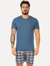Pijama Calvin Klein Short Curto Viscolight Xadrez Logo Azul Médio