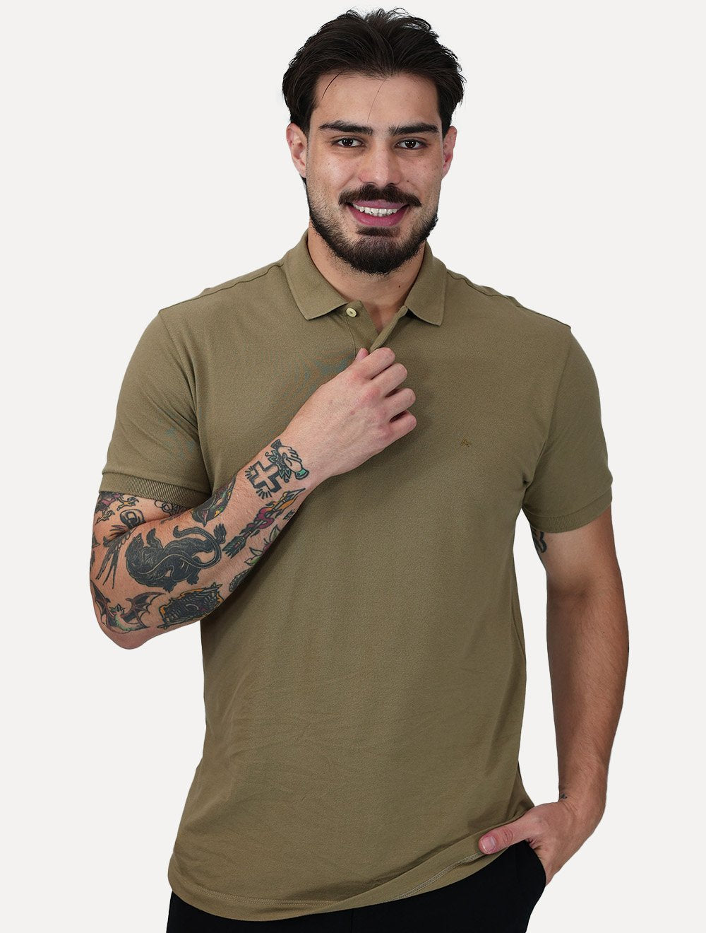 Polo Aramis Masculina Regular Basic Piquet Mono Logo Cáqui Medio