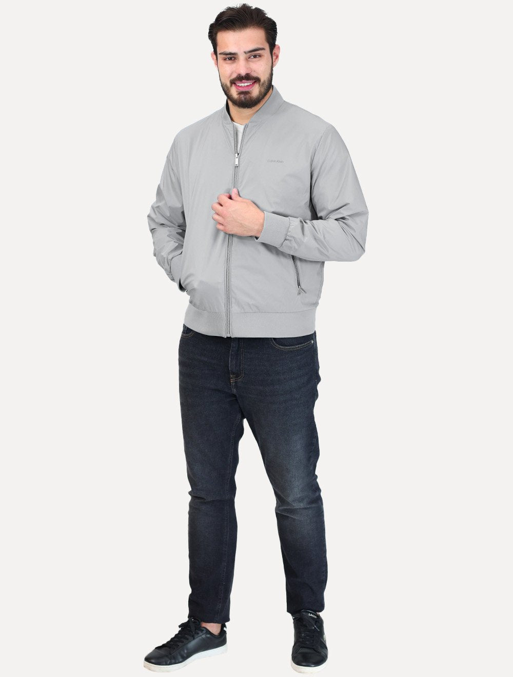 Jaqueta Calvin Klein Masculina Bomber Logo Full Zip Cinza Claro