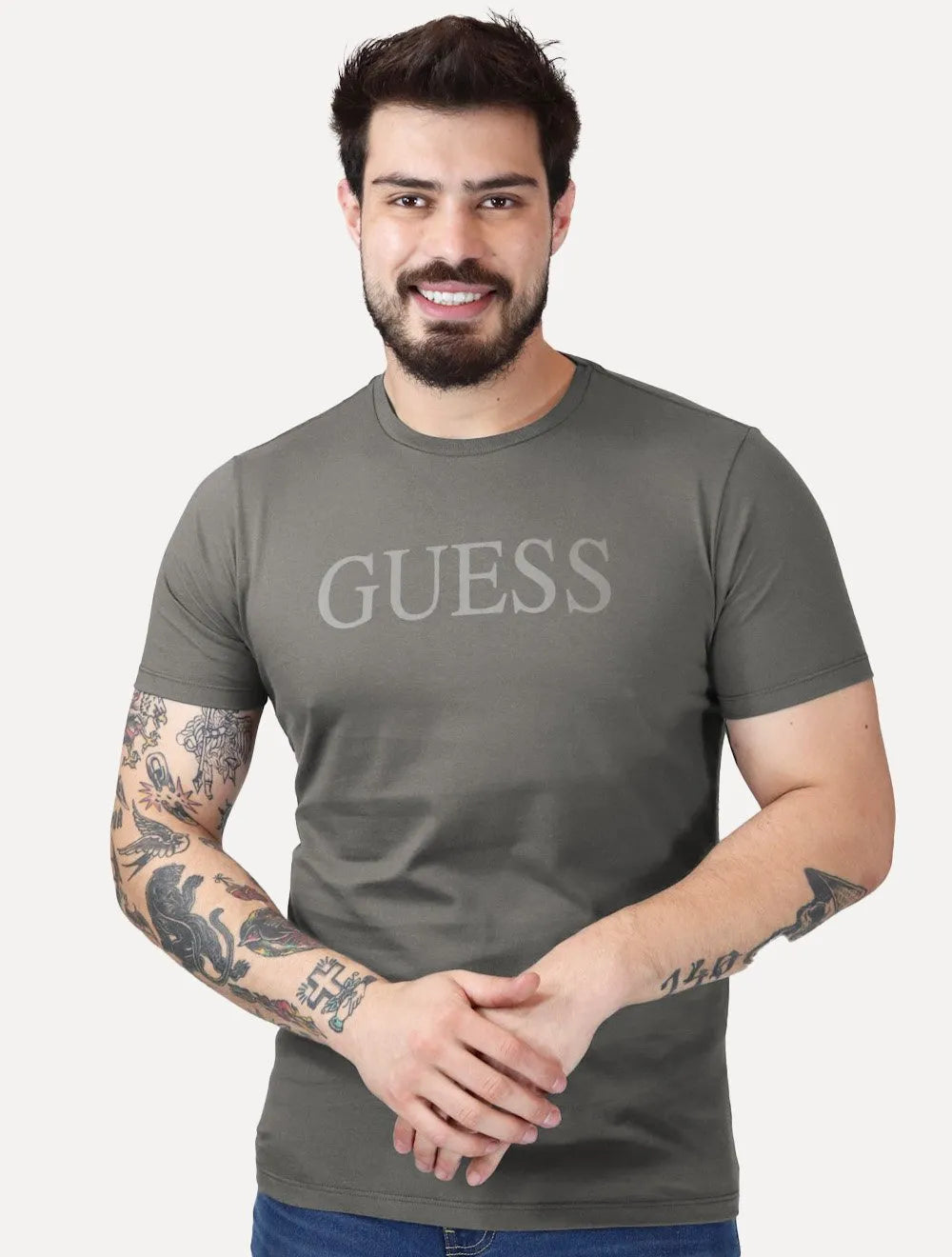 Camiseta Guess Masculina Silk Logo Simple Grafite