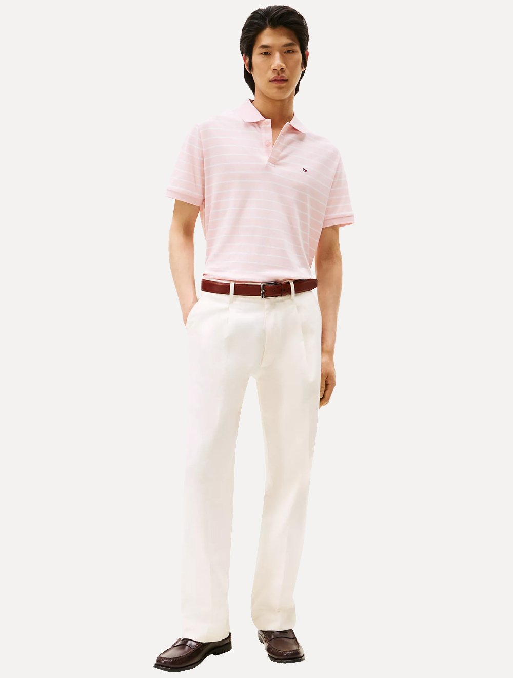 Polo Tommy Hilfiger Masculina Malha Liquid Cotton Striped Rosa Claro