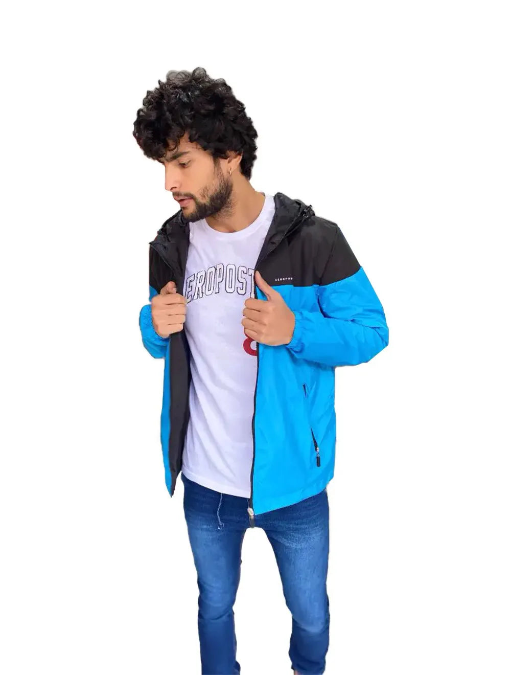 Jaqueta Aeropostale Masculina Corta-Vento Lettering Duo Azul Claro/Preto