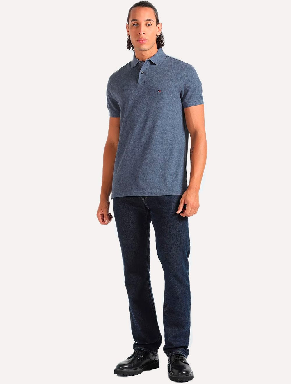 Polo Tommy Hilfiger Masculina Regular Piquet 1985 Azul Jeans Mescla