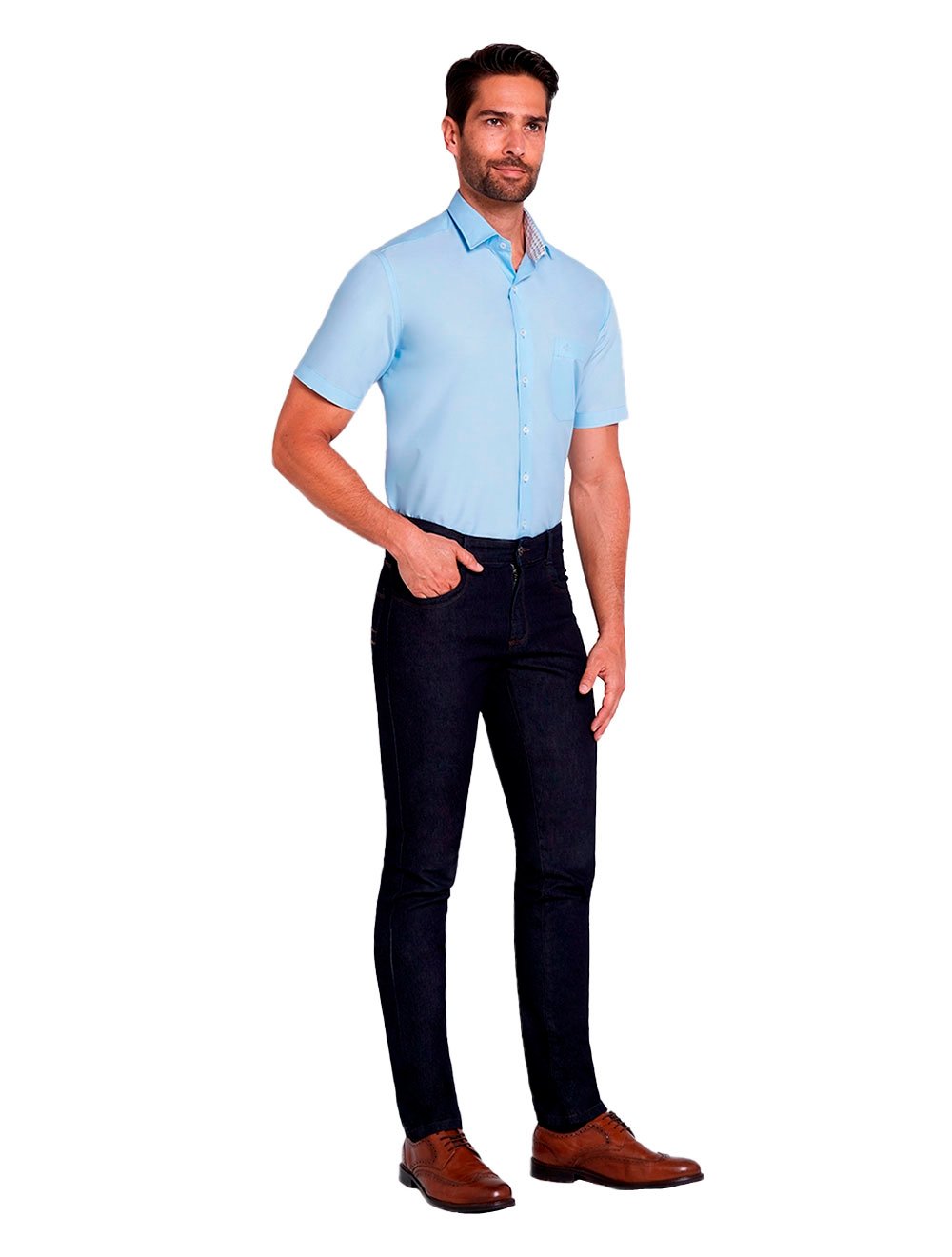 Camisa Dudalina Masculina Manga Curta Tricoline Lisa Azul Médio