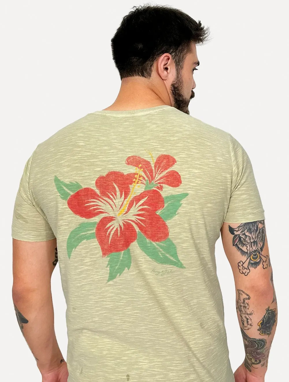 Camiseta King & Joe Masculina Slim Estonada Flamê Flor Cáqui