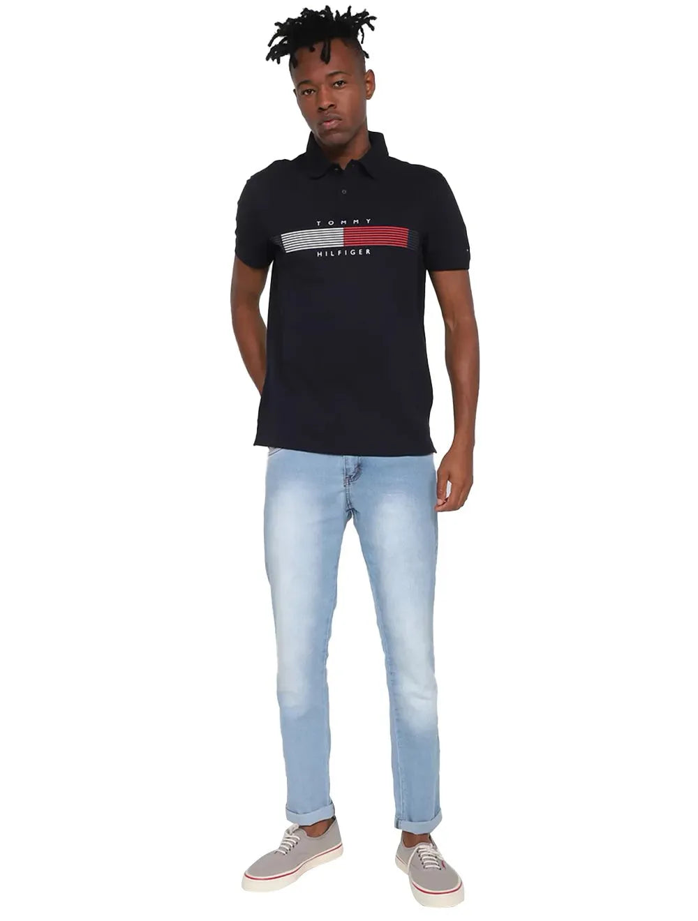 Polo Tommy Hilfiger Masculina Piquet Chest Striped Logo Azul Marinho