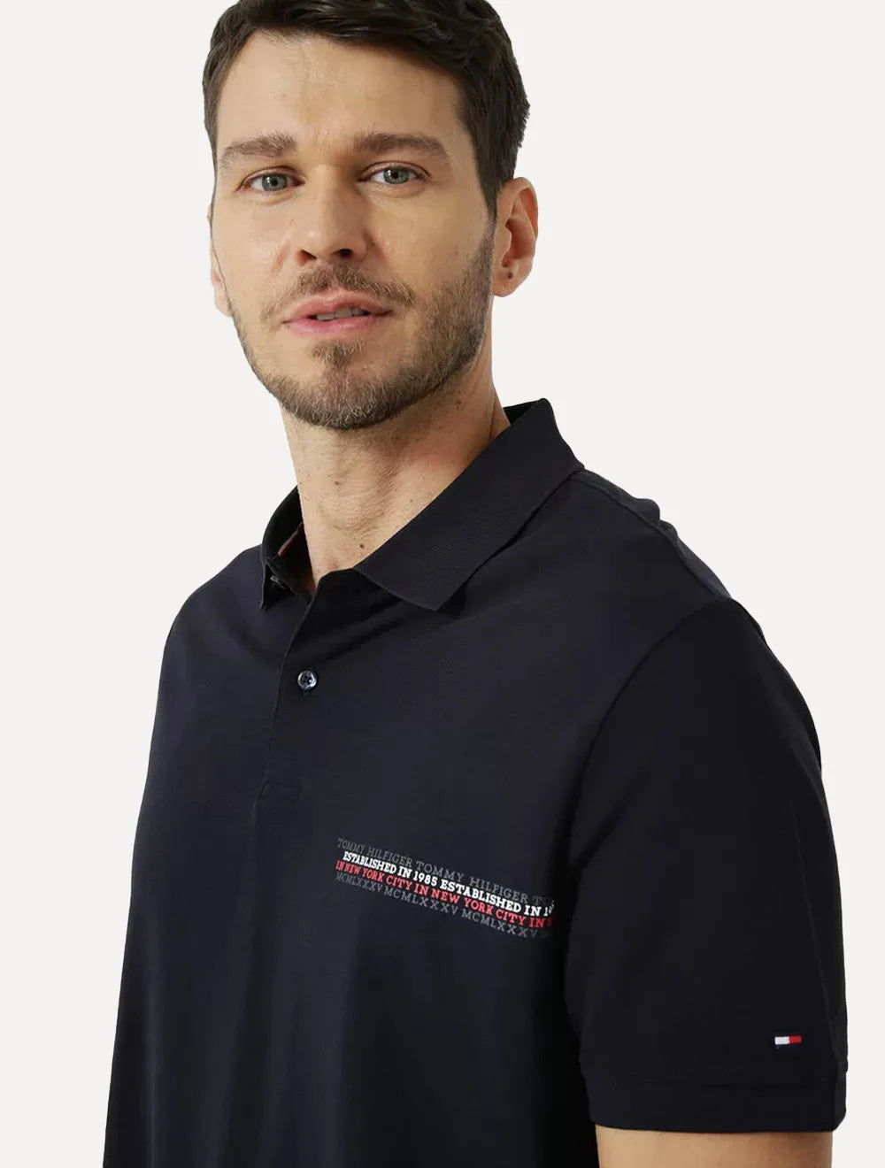 Polo Tommy Hilfiger Masculina Piquet Small Chest Stripe Azul Marinho