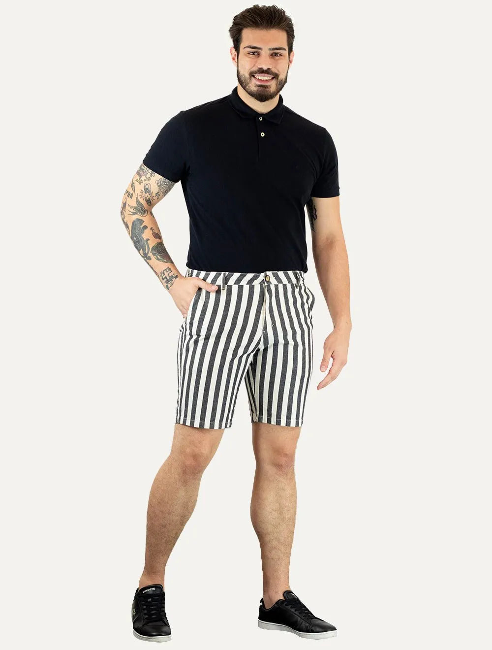 Bermuda Reserva Masculina Listrada Off-White/Preta