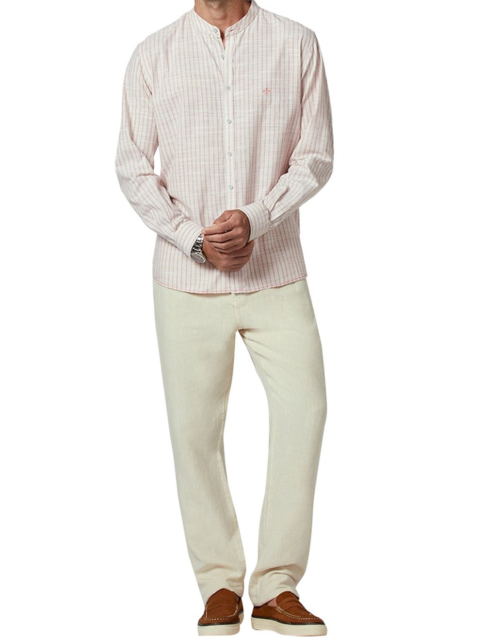 Camisa Dudalina Masculina Comfort Slub Cotton Listrada Rosa / Cáqui