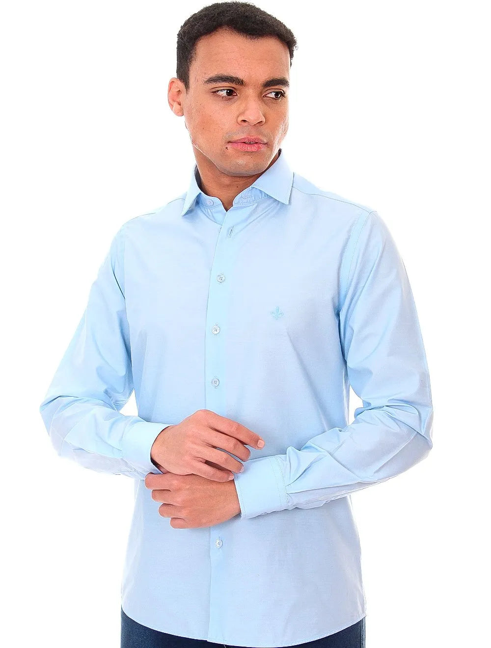 Camisa Dudalina Masculina Slim Tricoline Lisa Azul Médio