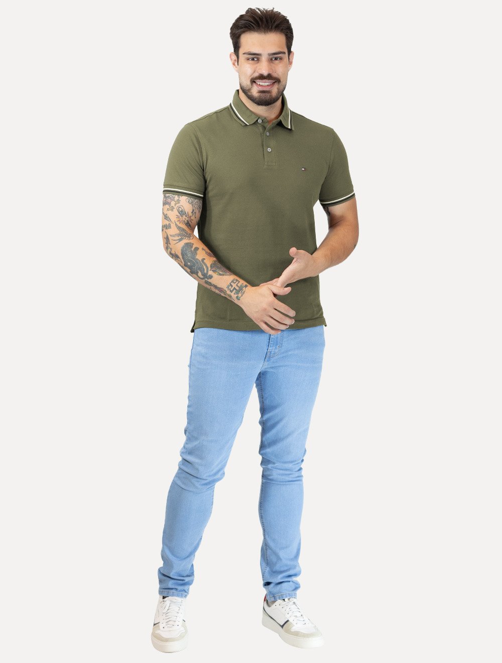 Polo Tommy Hilfiger Masculina Slim Tipped Collar Verde Militar