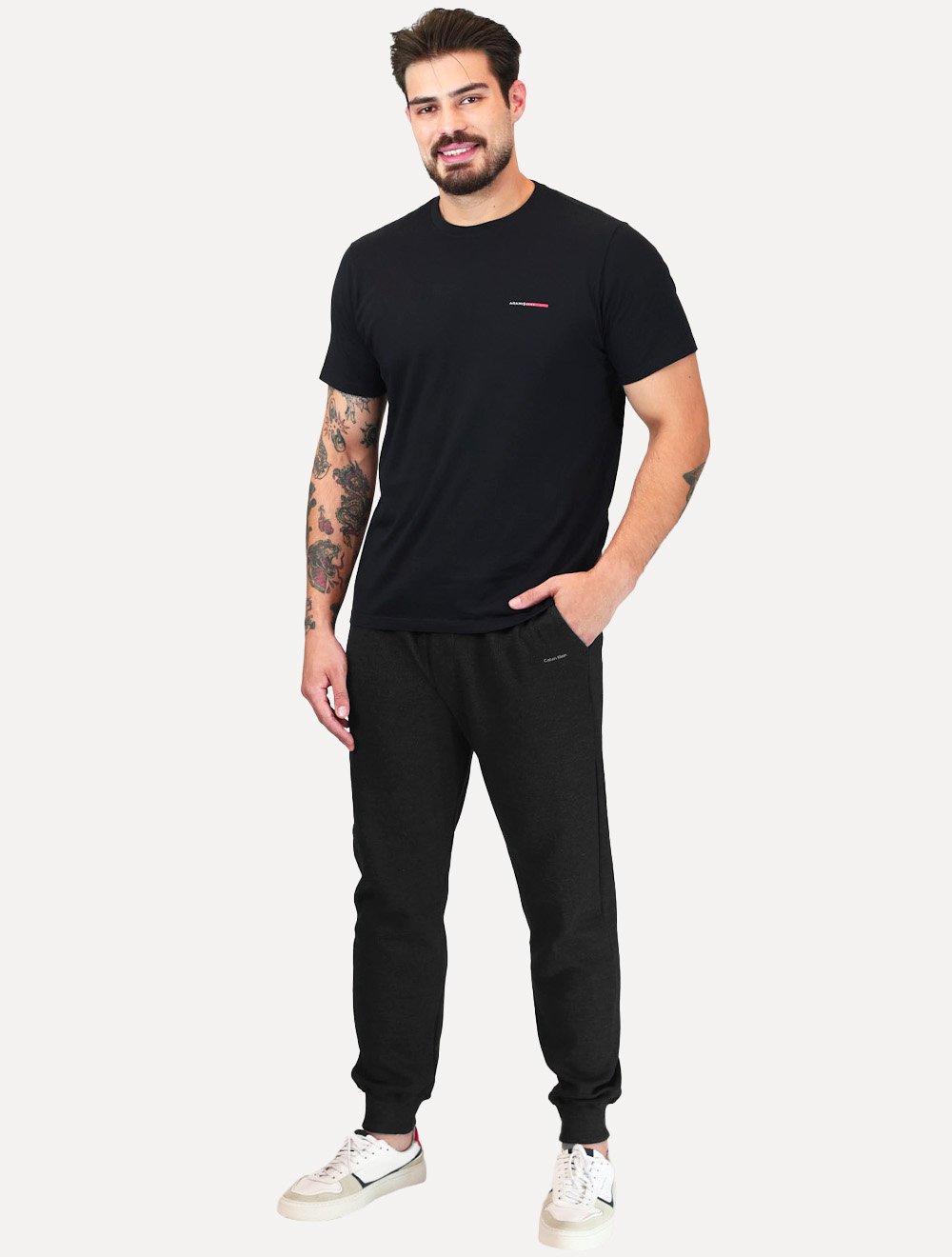 Calça Calvin Klein Masculino Moletom Jogger Logo Preto Mescla