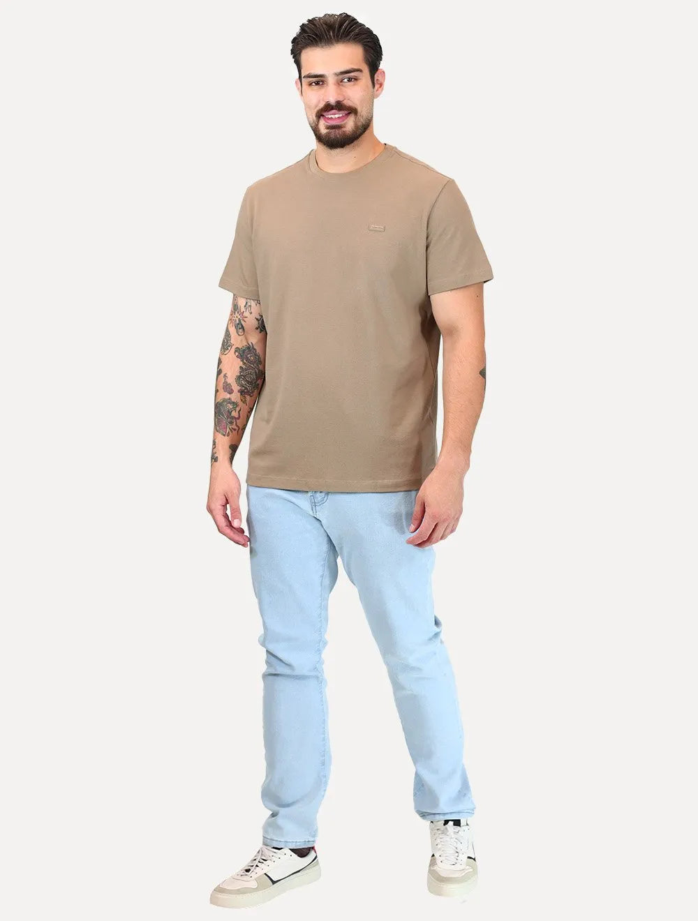 Camiseta Calvin Klein Masculina Piquet Rubber Patch Mono Logo Cáqui Médio