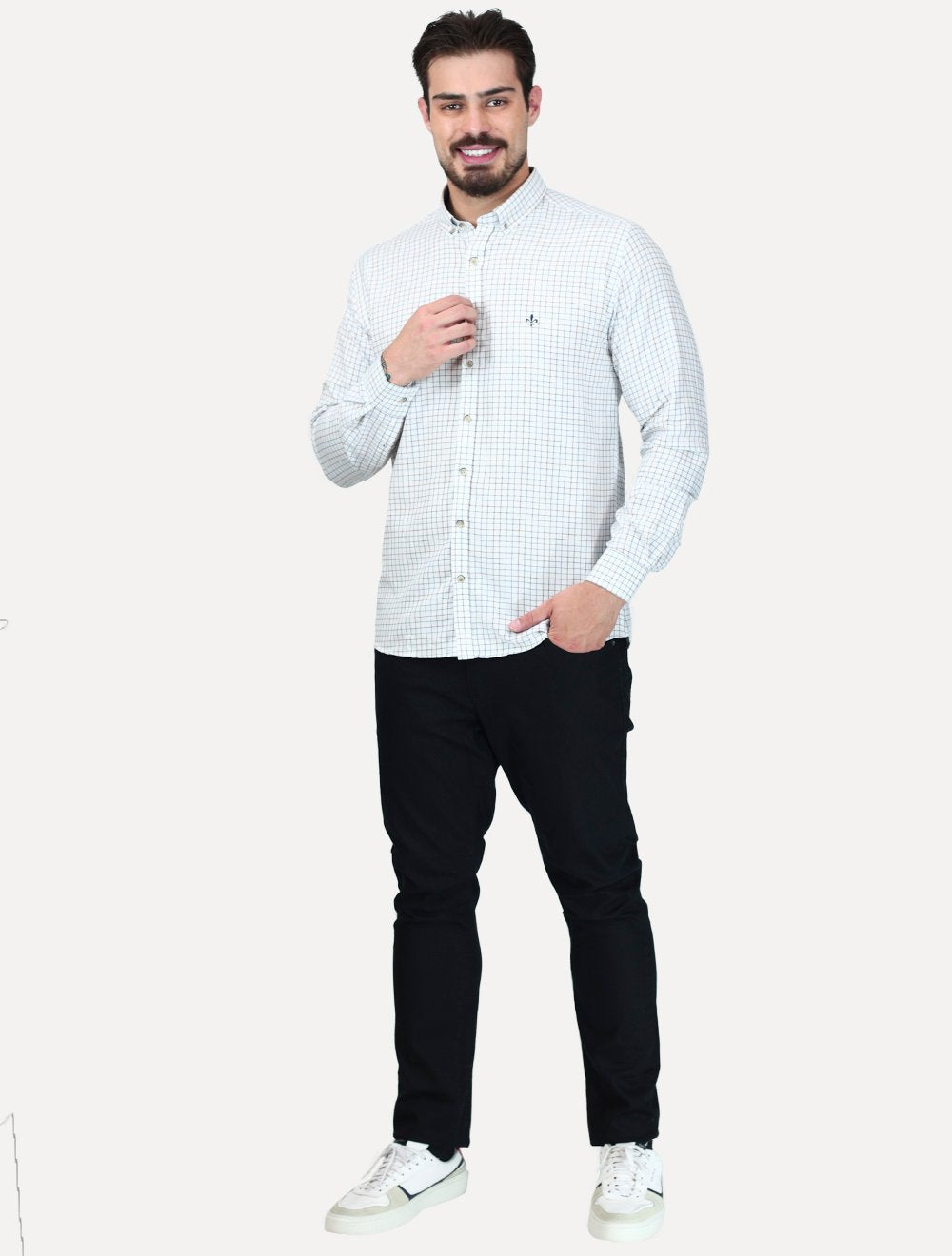 Camisa Dudalina Masculina Slim Superfine Cotton Xadrez Grid Branca