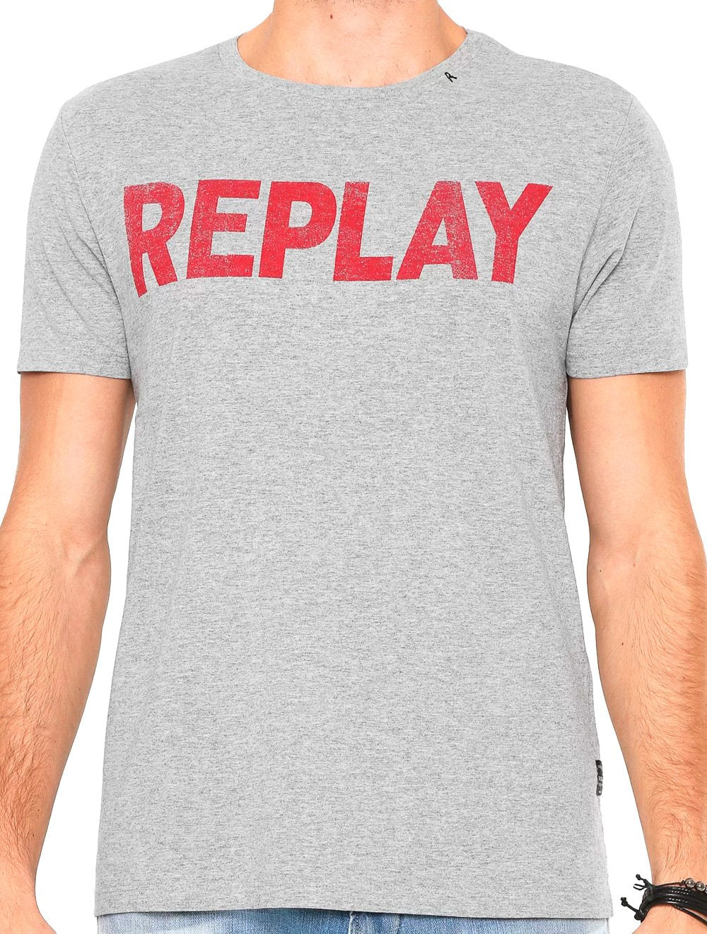 Camiseta Replay Masculina Stamp Silk Red Logo Cinza Mescla