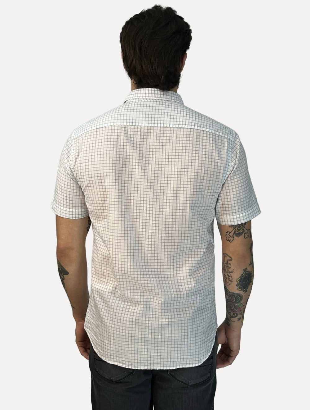 Camisa Dudalina Masculina Manga Curta Slim Flamê Xadrez Mono Logo Branca