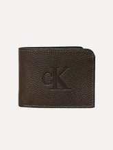 Carteira Calvin Klein Jeans Masculina Couro Queima Center Logo CK Marrom Café