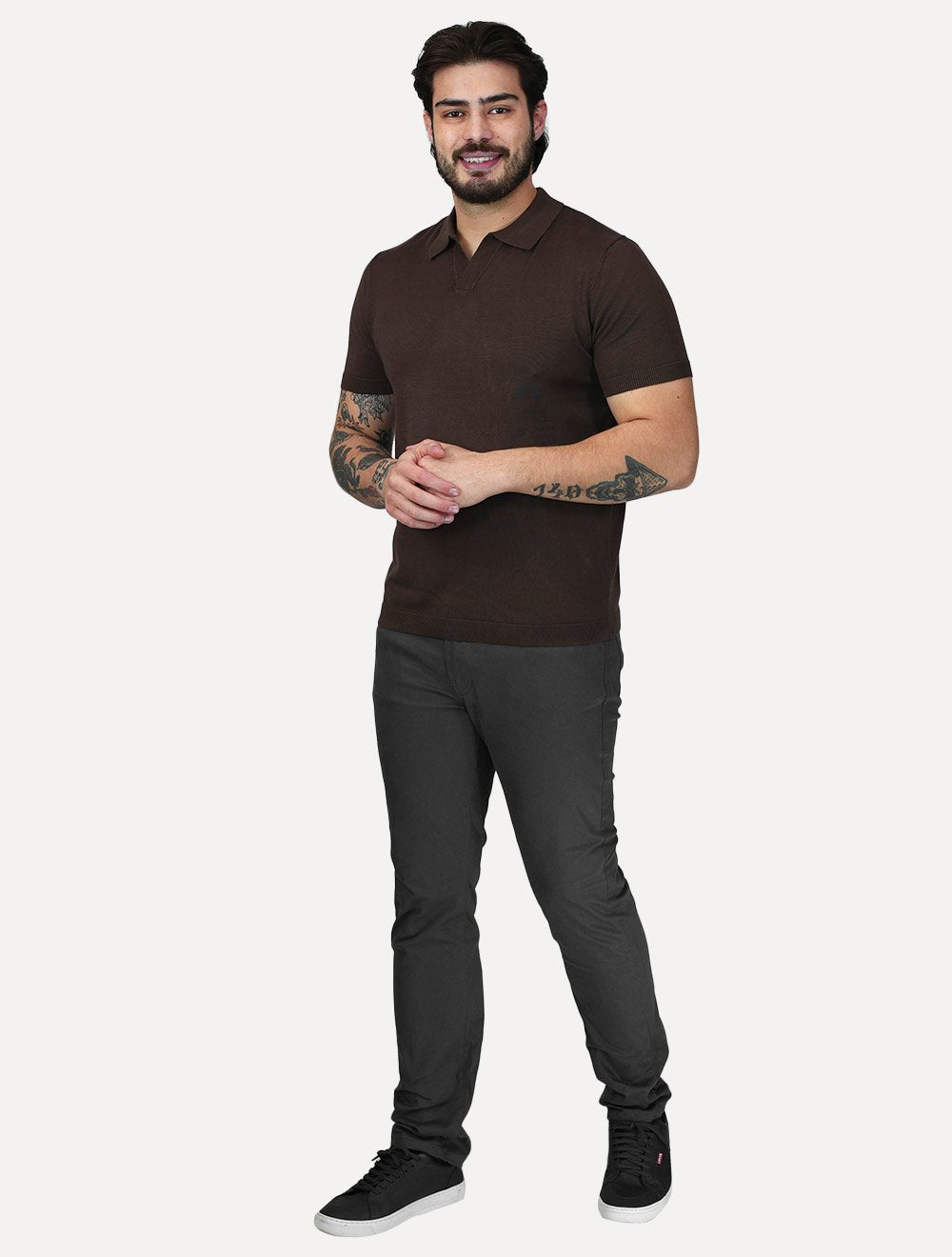 Polo Dixen Masculina Tricot Viscose Texturizada Manga Curta Marrom