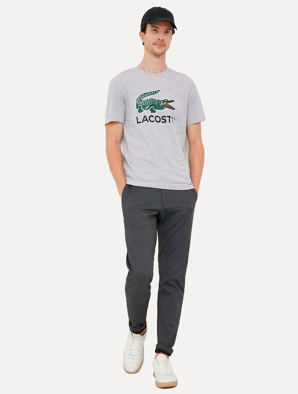 Camiseta Lacoste Masculina Jersey Croco Signature Logo Cinza Mescla