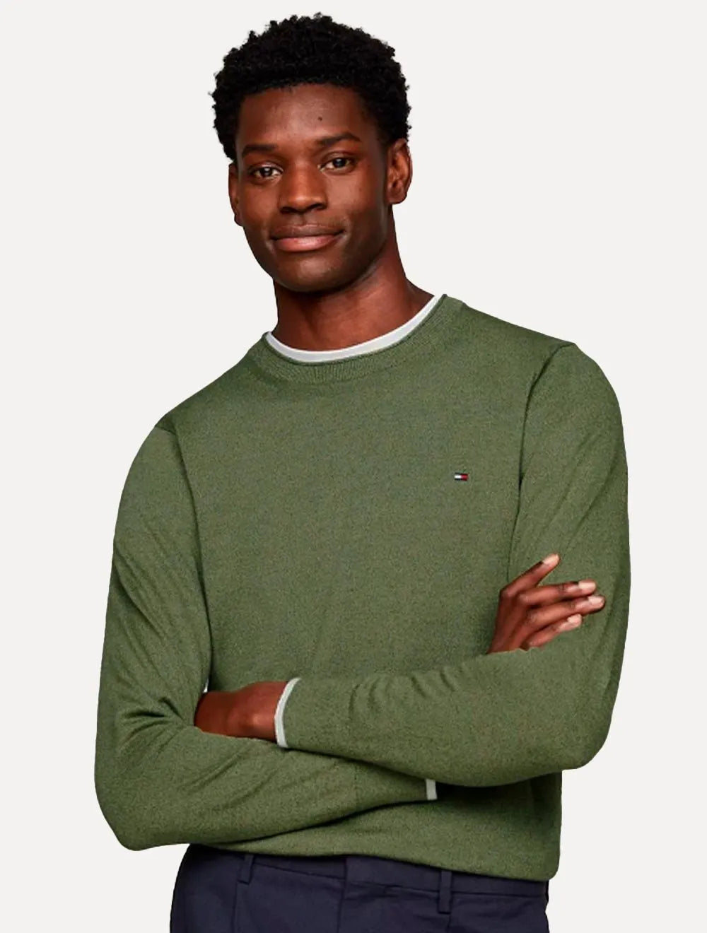 Suéter Tommy Hilfiger Masculino Crewneck Essential Cotton Verde Militar
