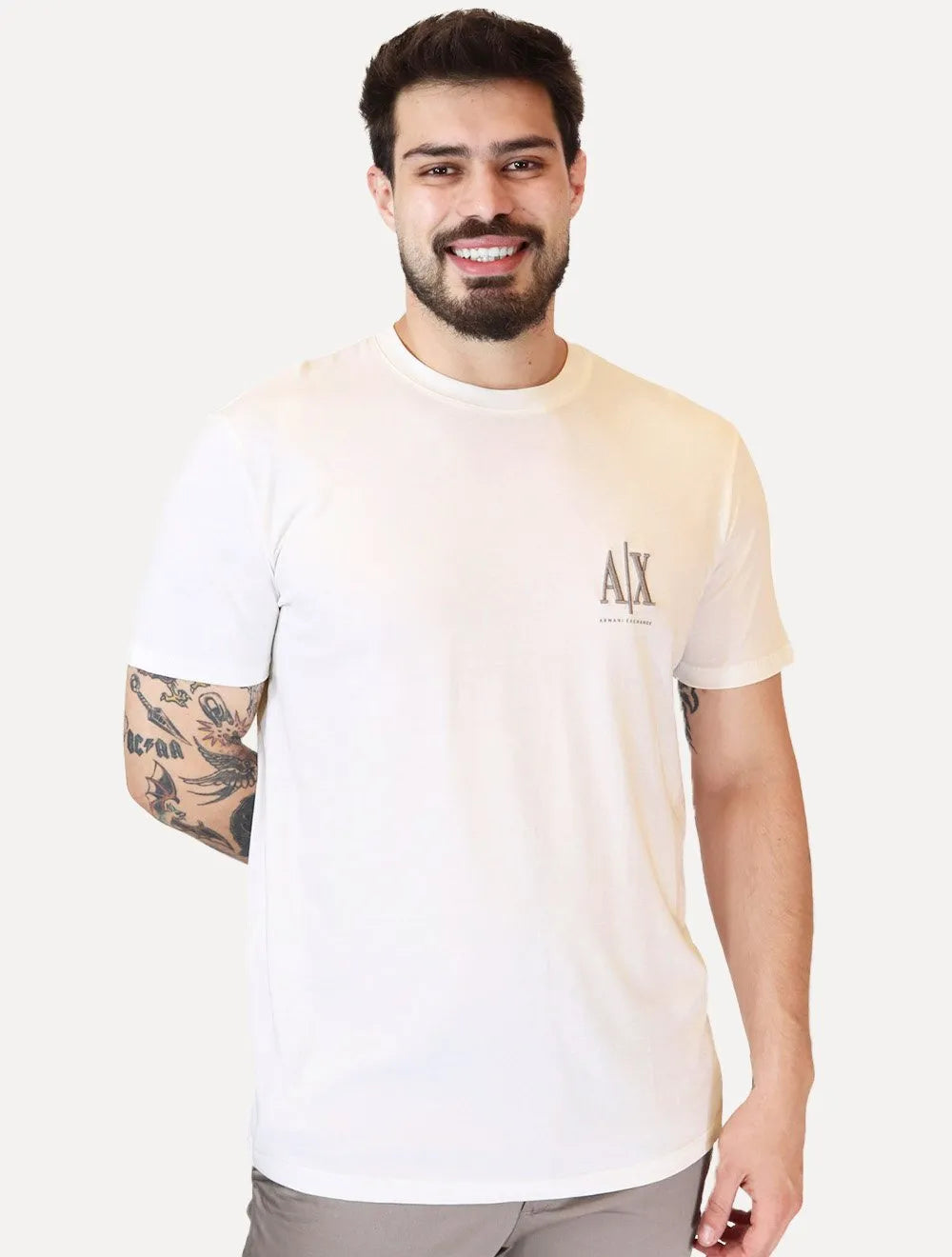 Camiseta Armani Exchange Masculina Embroidery AX Grey Logo Off-White